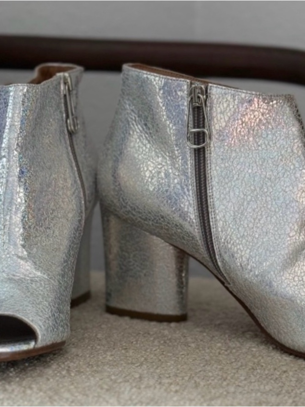 Maison Martin Margiela Iridescent Silver Peep-Toe Block Heel Ankle Booties 39